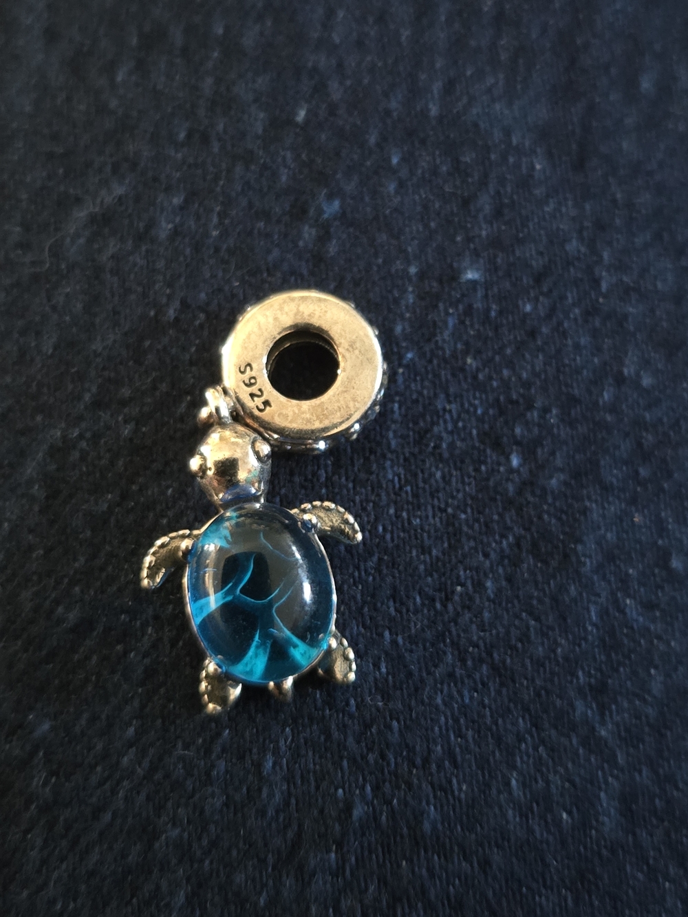 Sterling Silver Turtle Charm with Blue Glass Shell